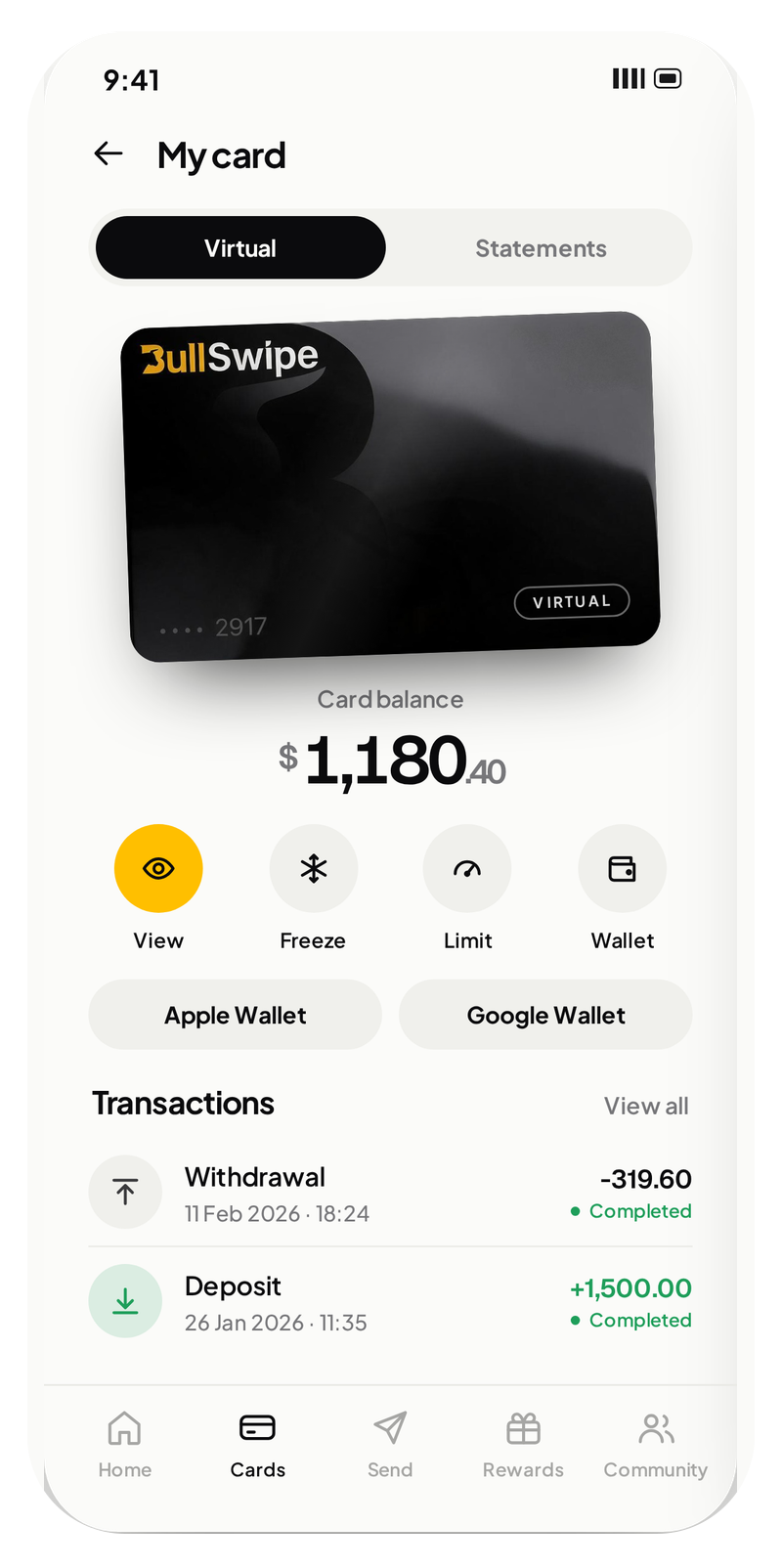 My card screen with illustrative balance and transactions.