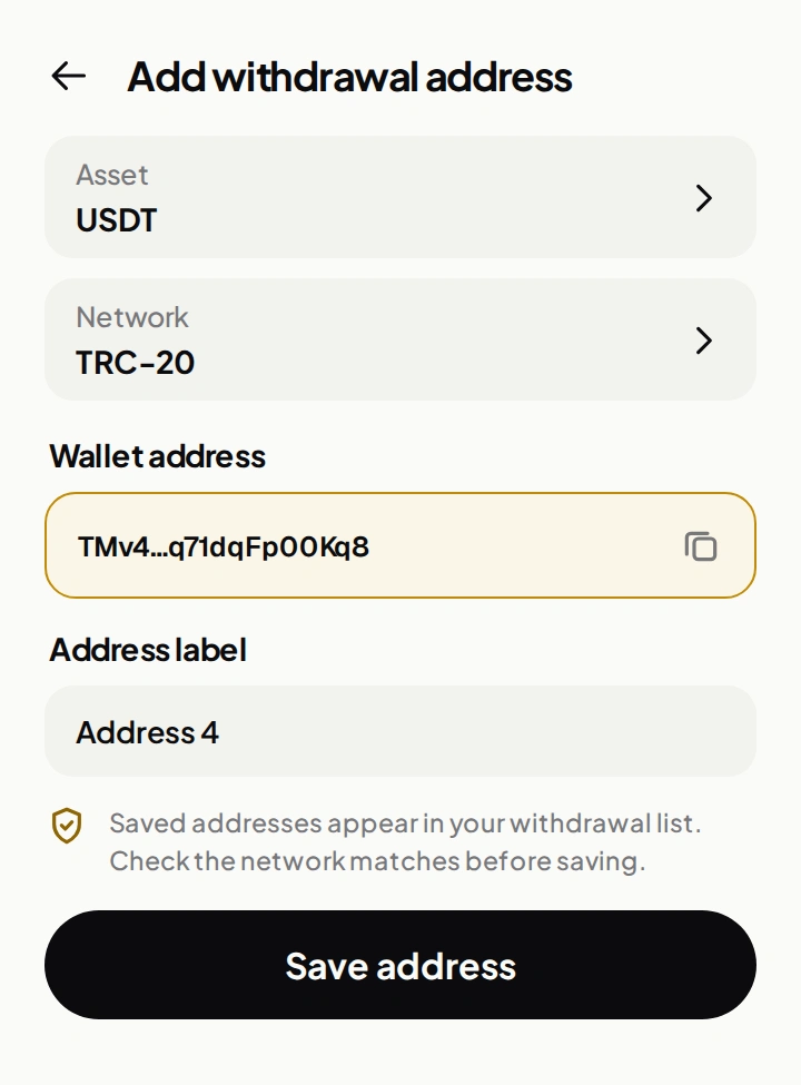 Illustrative Add withdrawal address panel.