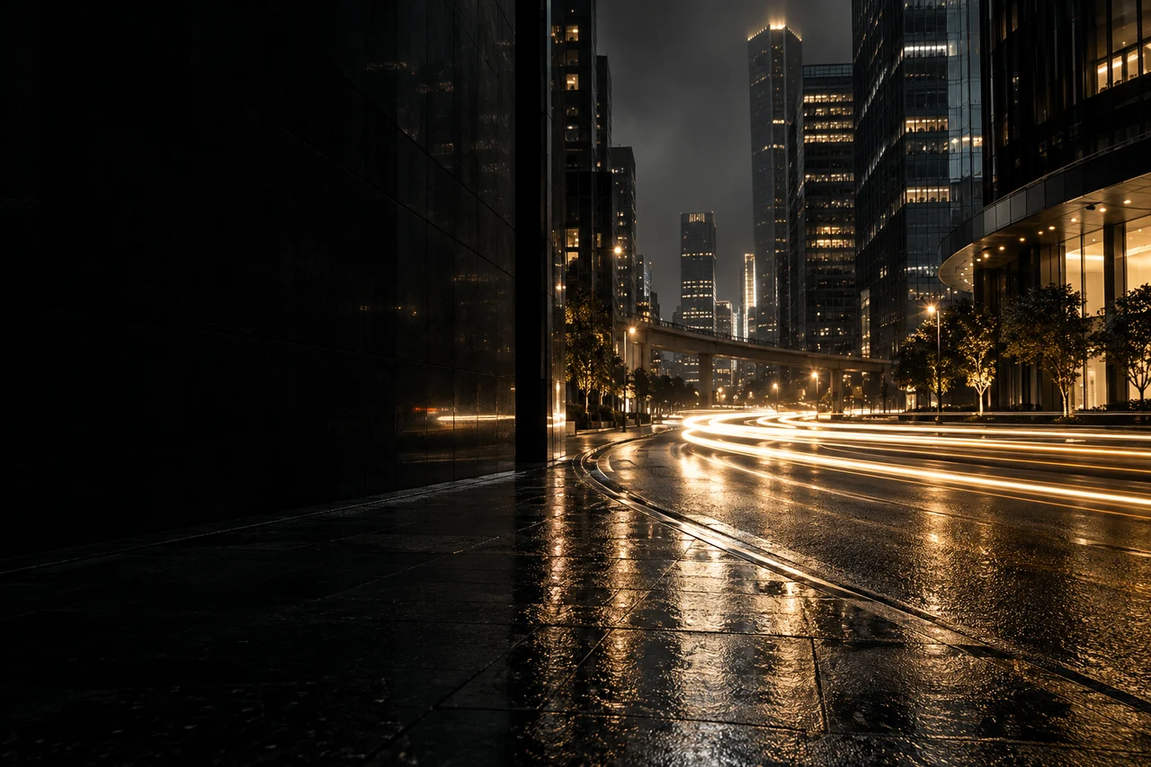 Warm city lights reflected on a curved street at night.